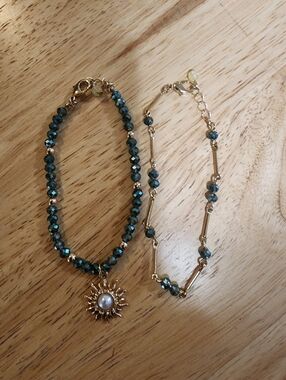 Gold Sun Pendant Bracelet with Teal Beads - Women Jewelry